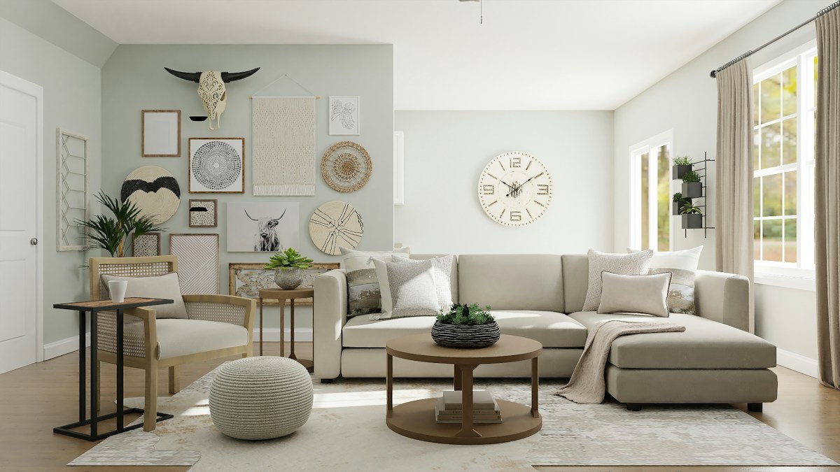 Calm living area with houseplants and timber furnishings